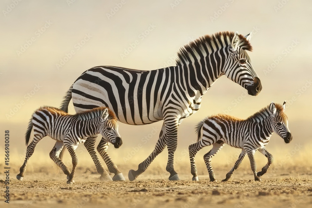 Zebras strolling through the Amboseli savannah with their young calves during golden hour, A zebra family are walking in the amboseli savannah Zebras strolling through the Amboseli savannah with their young calves during golden hour, A zebra family are walking in the amboseli savannah