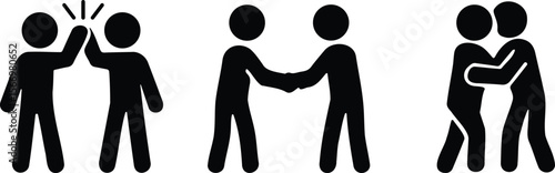 Stickman silhouettes showing conversation, greeting, hugging, and human interactions in expressive black vector icon style