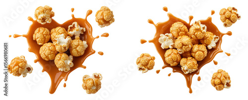 caramel-coated popcorn with heart-shaped caramel splash isolated