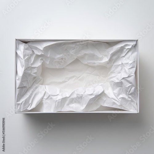 Empty white shoebox with crumpled white tissue paper