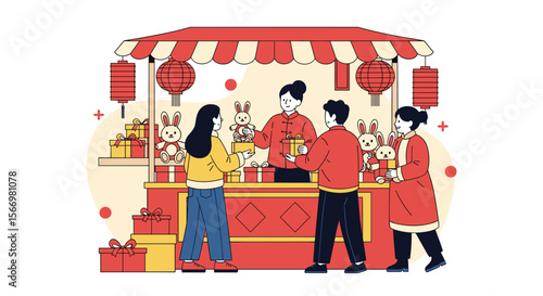 Lunar new year market celebration with people buying gifts and decorations from a festive booth