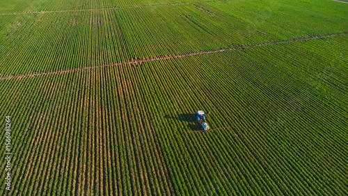 Tractor fumigating a cultivated field. Aerial view.