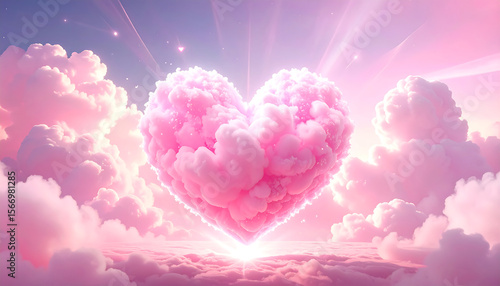 Vibrant pink heart made of fluffy clouds radiates light and sparkles against dreamy sky, evoking feelings of love and joy