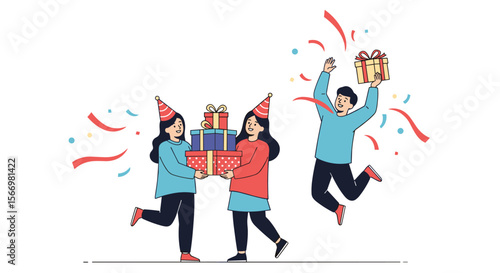 Celebrating joyful moments with friends exchanging gifts and sharing happiness during a festive occasion with confetti and party hats
