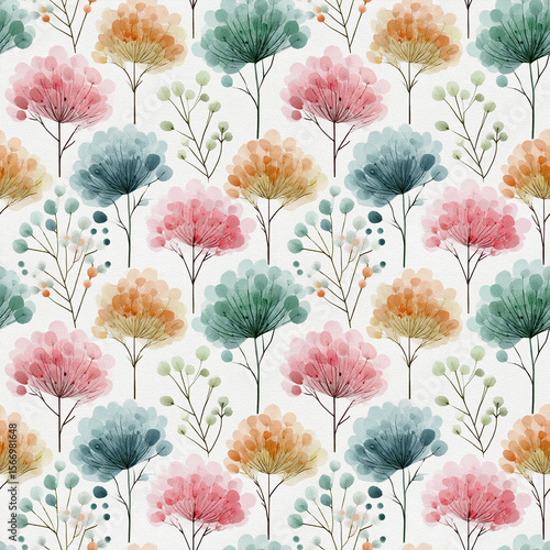 Watercolor floral pattern, pastel colors, simple design, white background, cute flowers and leaves, small flowers