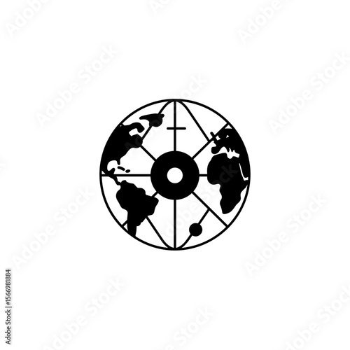 Black globe illustration with world map and latitude lines  