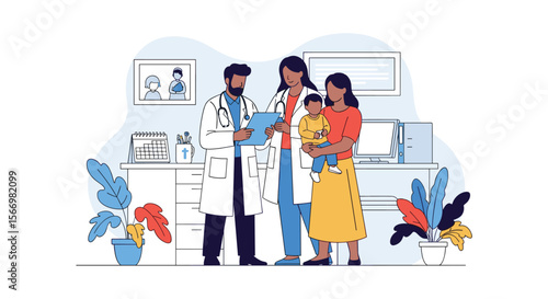 Family medical consultation with a pediatrician discussing health records and treatment options in a modern clinic