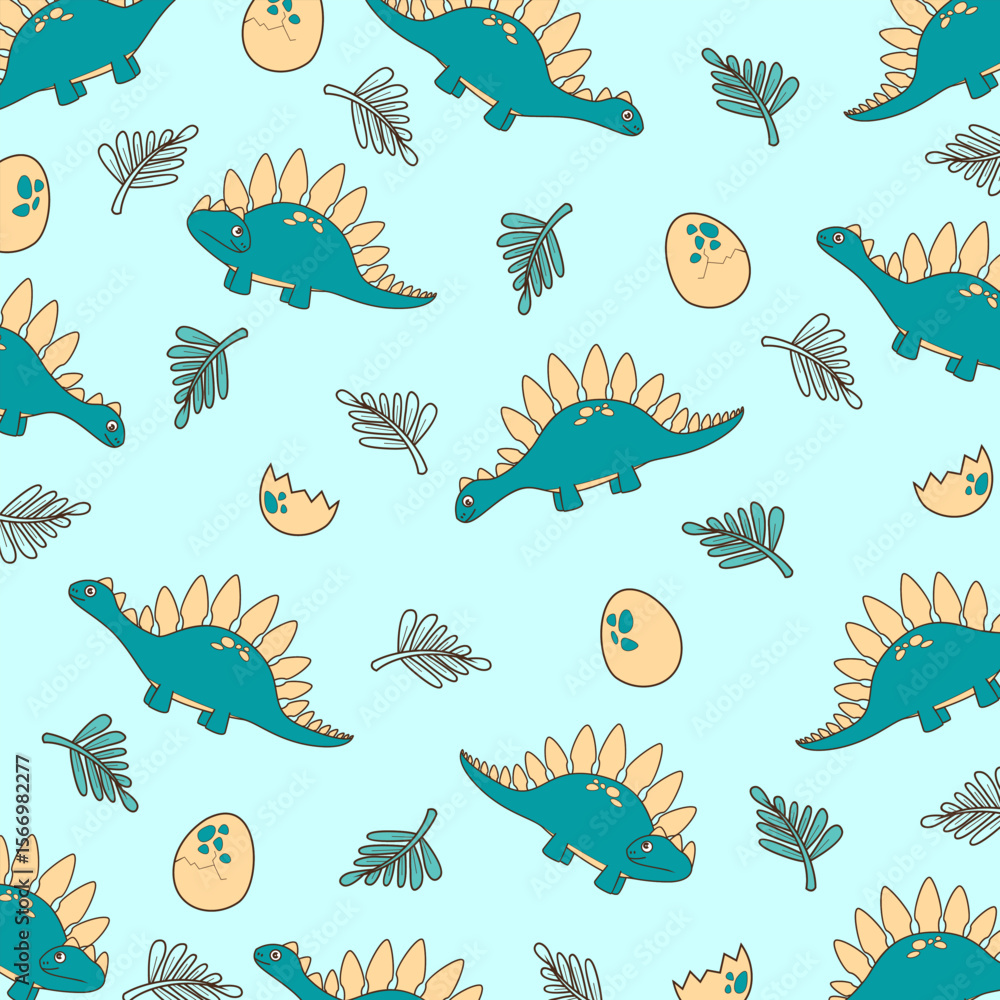 Fototapeta premium green background seamless vector cartton design of cute stegosaurus dinosaur for fullprint kids apparel