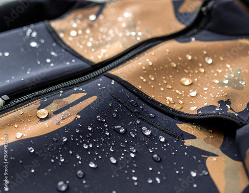 A close-up of a camouflage-patterned wetsuit texture, with subtle water droplets clinging to the neoprene fabric.