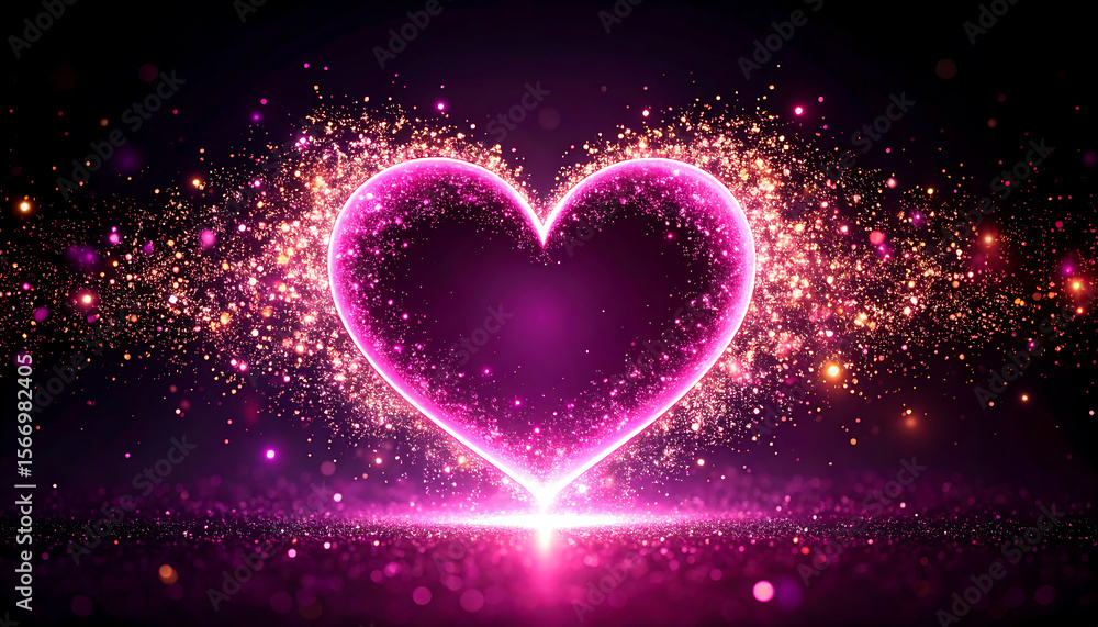Radiant pink heart surrounded by glowing particles on dark background creates magical and enchanting atmosphere Radiant pink heart surrounded by glowing particles on dark background creates magical and enchanting atmosphere