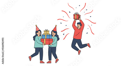 Two people in party hats carry gifts while a third person jumps in celebration with an opened gift above their head