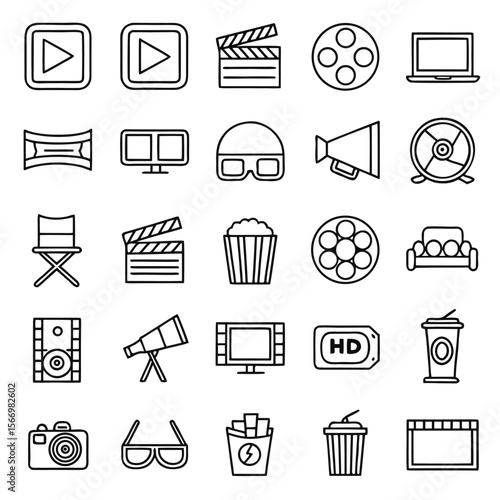 Cinema icon set showing film reel, popcorn, clapper board and other movie related elements