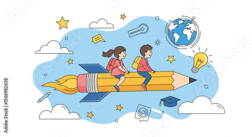 Children launching into a universe of learning on a giant pencil rocket