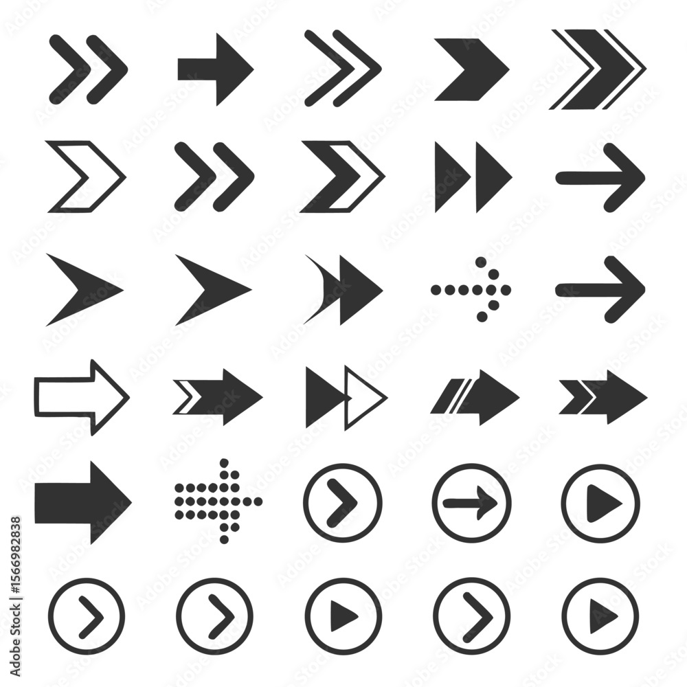 Diverse arrow icon collection showcases various shapes and directions on a clean white backdrop Diverse arrow icon collection showcases various shapes and directions on a clean white backdrop