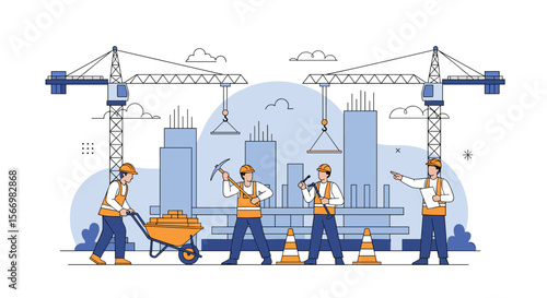 Construction workers building skyscrapers with cranes and equipment for urban development projects