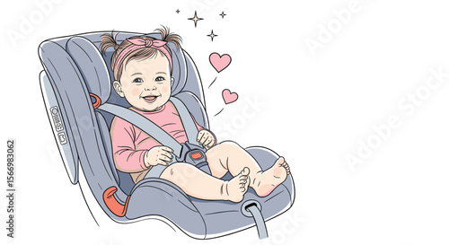 A happy baby safely secured in a comfortable car seat enjoying the ride home with heart decorations floating around