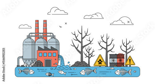 Industrial waste polluting the environment causing water contamination and dying trees affecting ecosystem health and wildlife