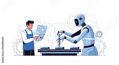 Human and robot collaborating on assembly line in a modern manufacturing facility with advanced technology and automation systems in place