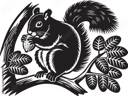 squirrel with nut Squirrel Holding Acorn Forest Line Drawing