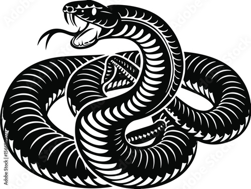 Fierce Coiled Snake Black and White Tattoo Style vector illustration of a snake