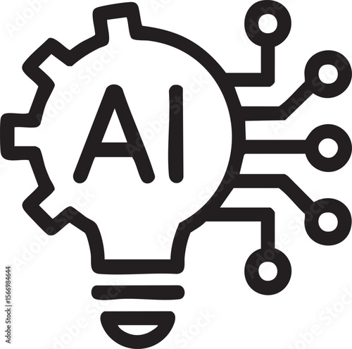 Black And White Vector Illustration Of AI Light Bulb With Circuit Lines Representing Artificial Intelligence Innovation And Technology Concept

