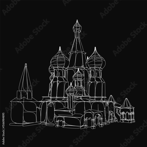 Cathedral stands in detailed black and white illustration, showcasing its iconic domes and intricate architecture. The deep black background emphasizes the building's ornate design.