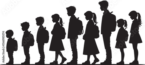 Diverse children standing in a line with backpacks boys girls