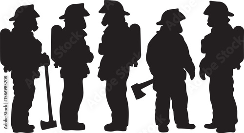 Firefighters standing with equipment firemen silhouette