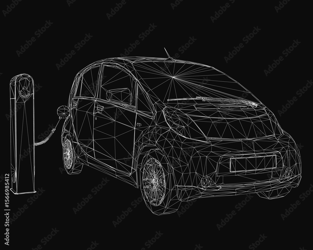 Naklejka premium An electric car charges at a station, rendered in a sleek wireframe style against a black background. The modern design highlights clean lines and futuristic technology.