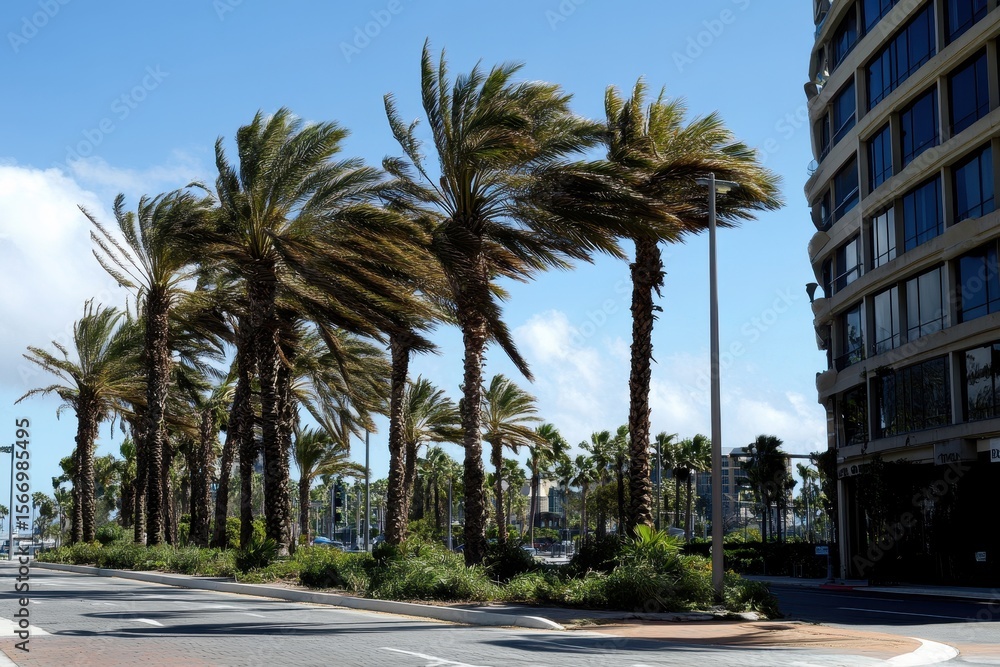 Obraz premium Palm trees sway vigorously in fierce winds along waterfront promenade during major storm event, Palm Trees Thrash Wildly In Strong Winds Of Major Hurricane Debbie