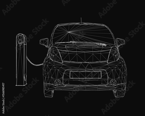 An electric car charges at a station with a wireframe overlay, featuring a pole and chain on a sleek black background. The futuristic design highlights clean energy and modern technology.