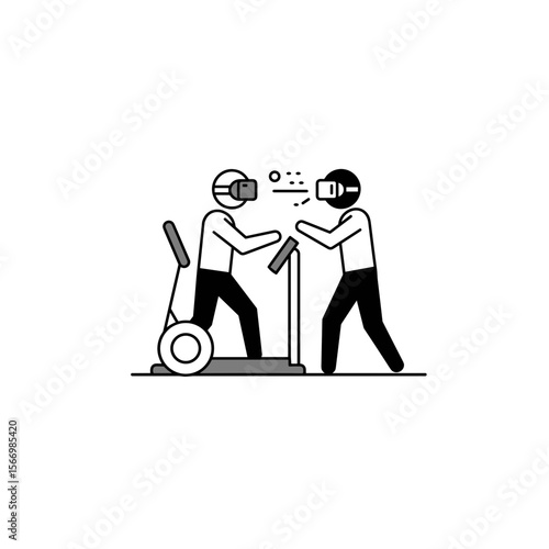 Two people interacting with virtual reality headsets while exercising  