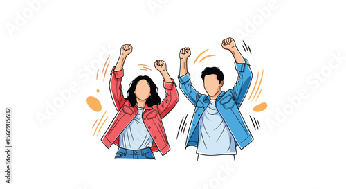 Two people celebrating success with arms raised high in victory showing jubilation and achievement together