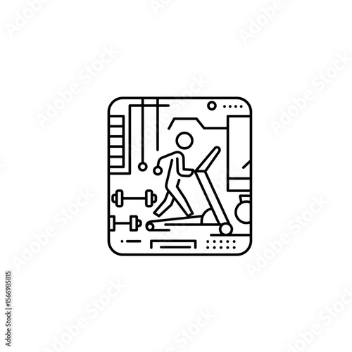 Outline of a person running on a treadmill in a gym setting  