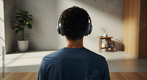 Person wearing headphones back view