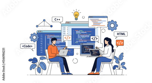 Two developers collaborating on a coding project using laptops in a modern workspace setting
