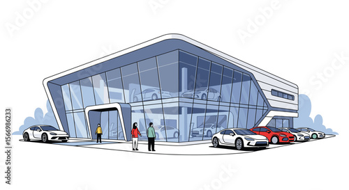 Modern automobile dealership showroom with sports cars and people visiting today