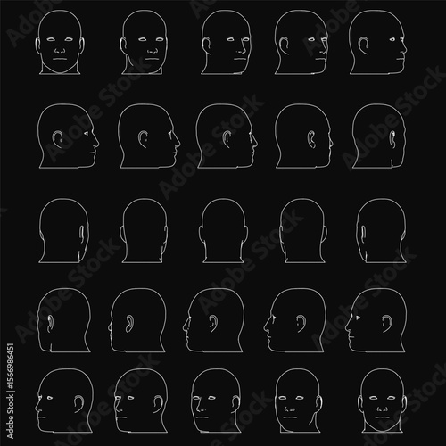 A grid of diverse human heads with varying facial expressions on a black background. Each head has a unique shape and size, ranging from neutral to serious expressions.