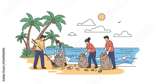 Community members actively cleaning up a beautiful tropical beach environment together for a cleaner planet