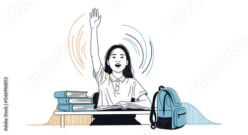The engaged student raising her hand eagerly to answer a question in class with a backpack and books on her desk