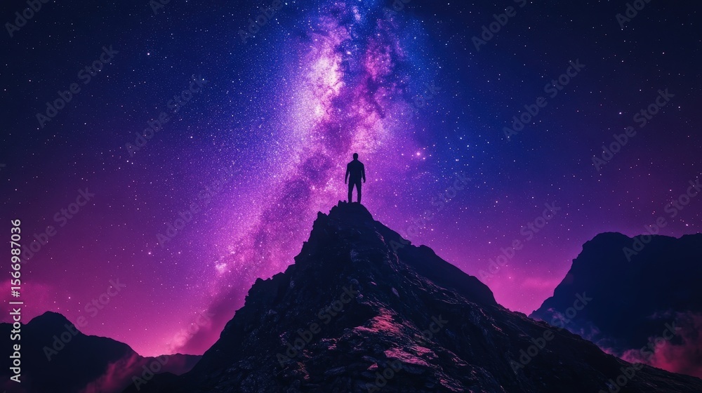 Fototapeta premium A person stands on a rocky peak under a vibrant starry sky. Explore the beauty of the cosmos in a breathtaking view.