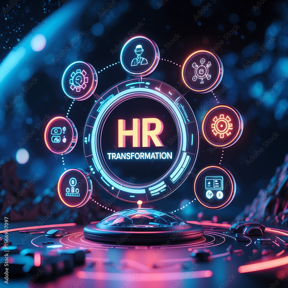 Fototapeta premium “HR TRANSFORMATION” on a tech dashboard with AI, bots, data icons around. Holographic UI, deep-space background, vibrant neon accents, symbolizing futuristic HR evolution.