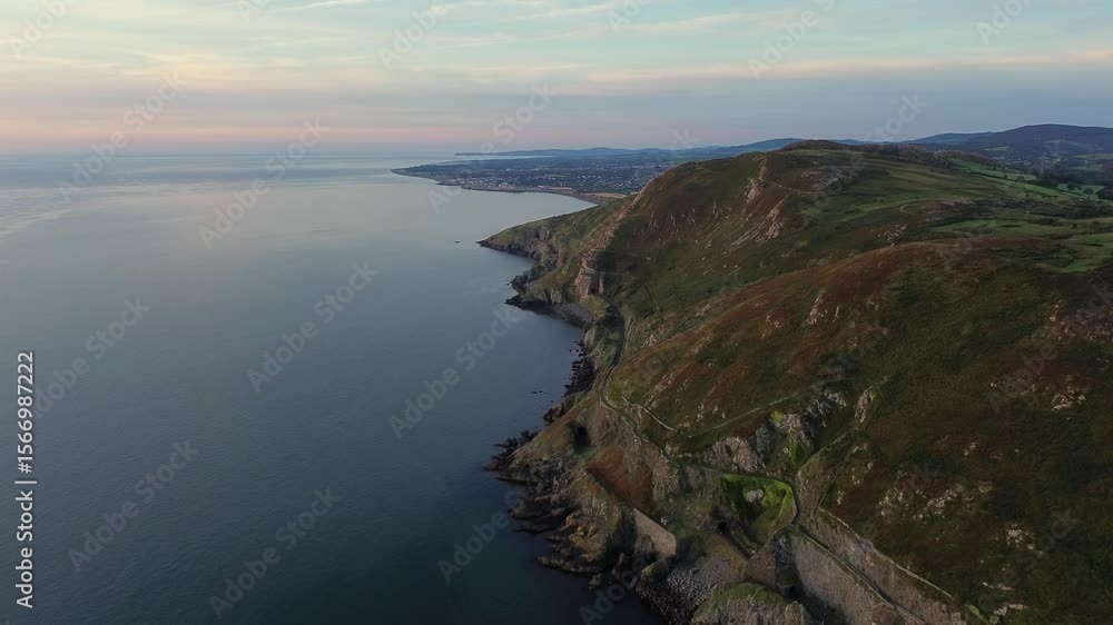 Sunrise Aerial Flight Along Coast from Bray to Greystones – Wicklow Mountains, Ireland Sunrise Aerial Flight Along Coast from Bray to Greystones – Wicklow Mountains, Ireland