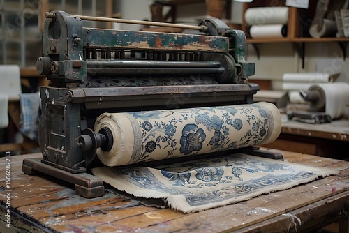 Traditional textile printing press with floral fabric high resolution picture