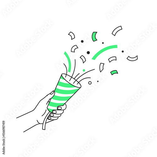 Hand holding party popper with confetti in green and white  