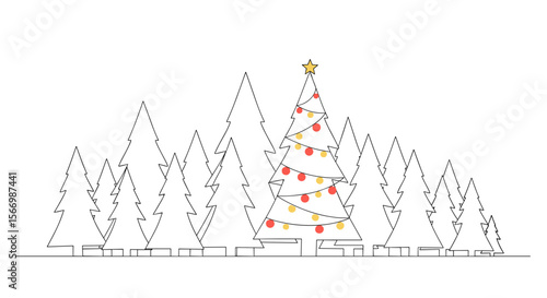 Christmas tree decorated with lights among outlined evergreen trees  