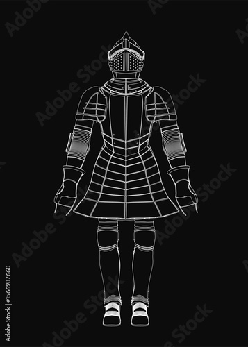 A medieval knight in full armor stands ready for battle, clad in a helmet, breastplate, and gauntlets. He grips a sword and shield with a determined expression, his gaze fixed intently ahead.