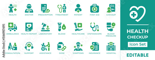 Healthcare Icon Set. Features icons of doctors, hospitals, medical services, treatment, health checkups, and support. Perfect for clinics, apps, and health projects.