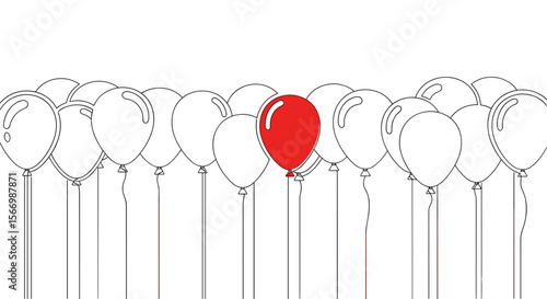 Red balloon standing out among white balloons in minimalist style  