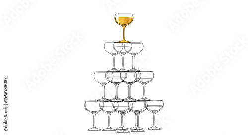Champagne tower with one filled glass at the top on white background  